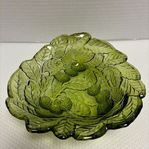 Indiana Glass Loganberry 606 Green Candy Bowl, Embossed Leaves and Berries